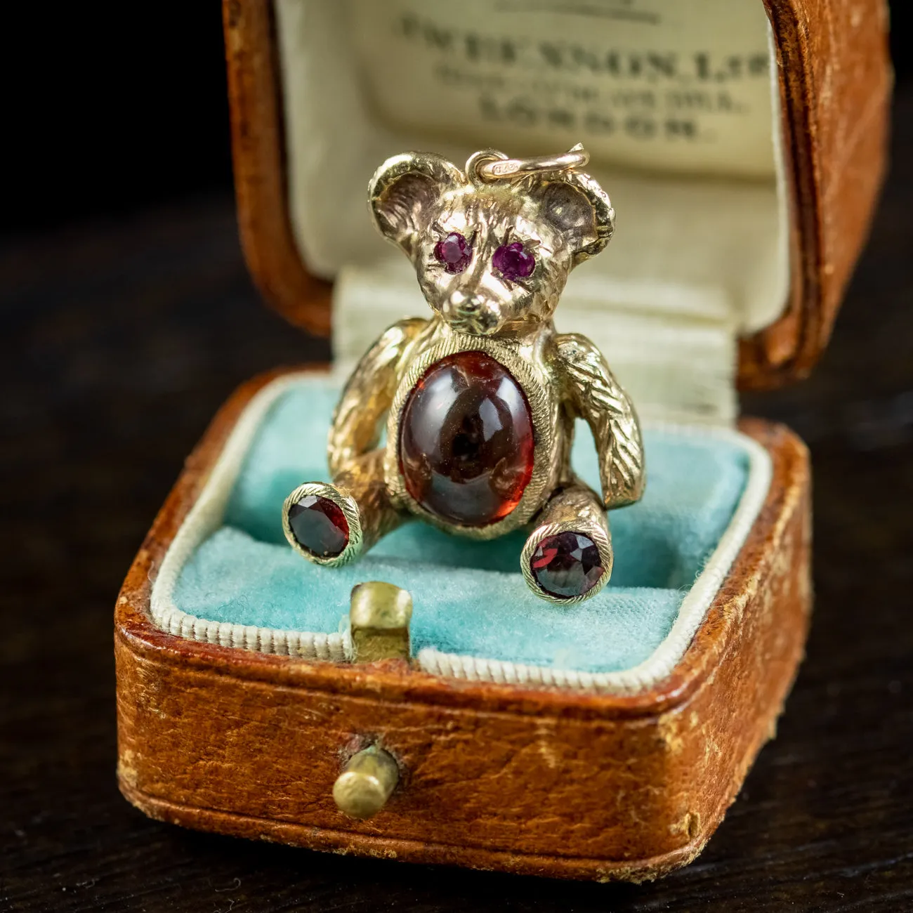 Vintage Garnet Ruby Teddy Bear Charm Pendant 9ct Gold Dated 1964