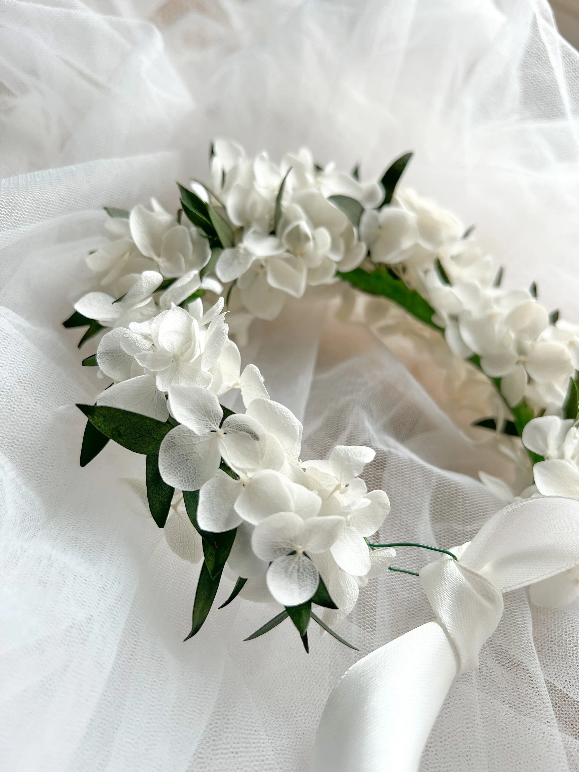 White and Green Leafy Flower Hair Halo Crown Christening for Baby Girls Toddler or Wedding Flower Girl Hair Wreath Handmade