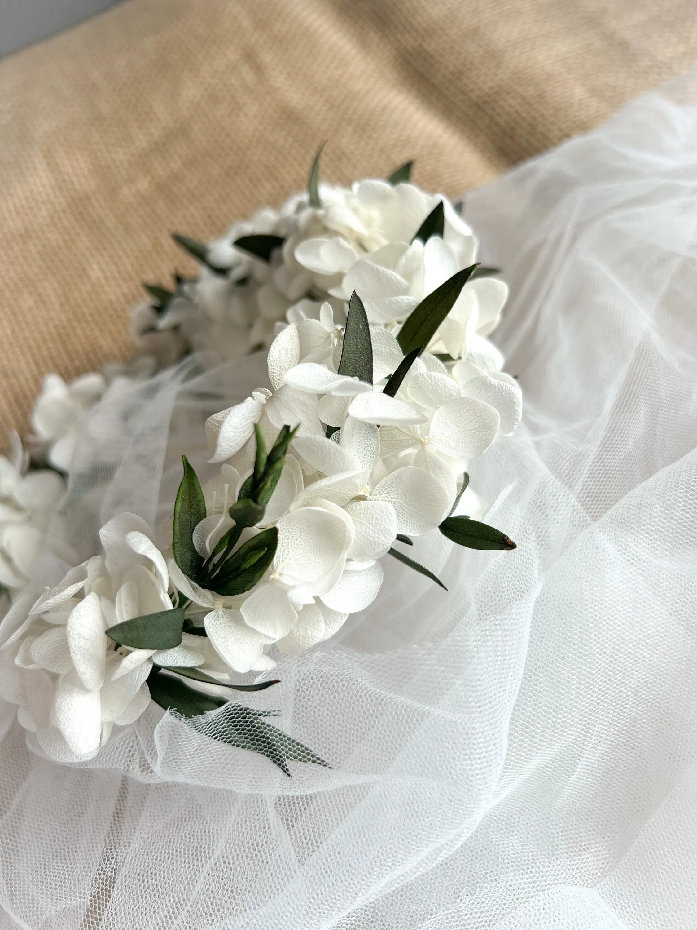 White and Green Leafy Flower Hair Halo Crown Christening for Baby Girls Toddler or Wedding Flower Girl Hair Wreath Handmade