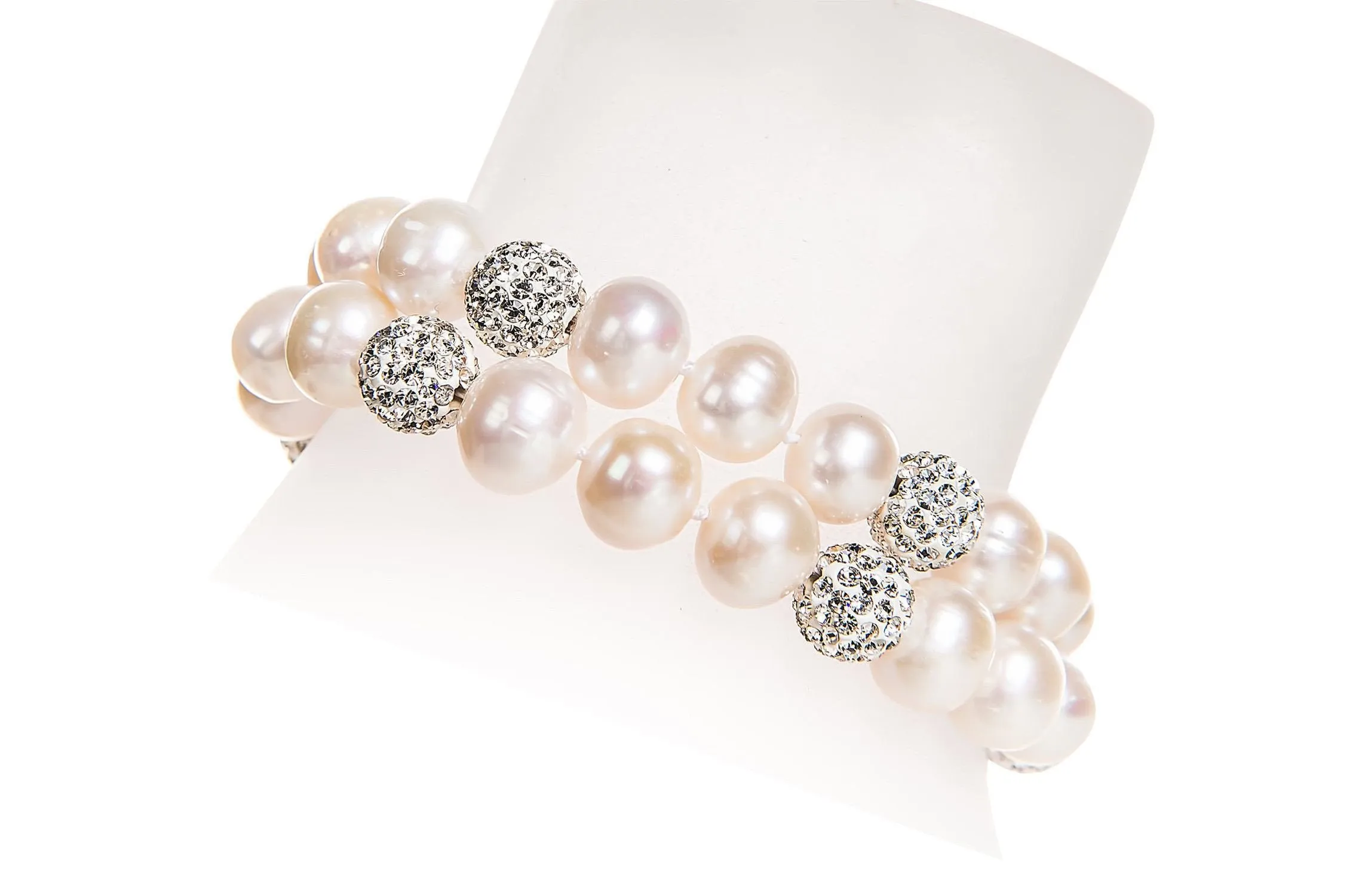 White Double Strand Layer Freshwater Round Pearl Bracelet with Crystal Ball 10mm