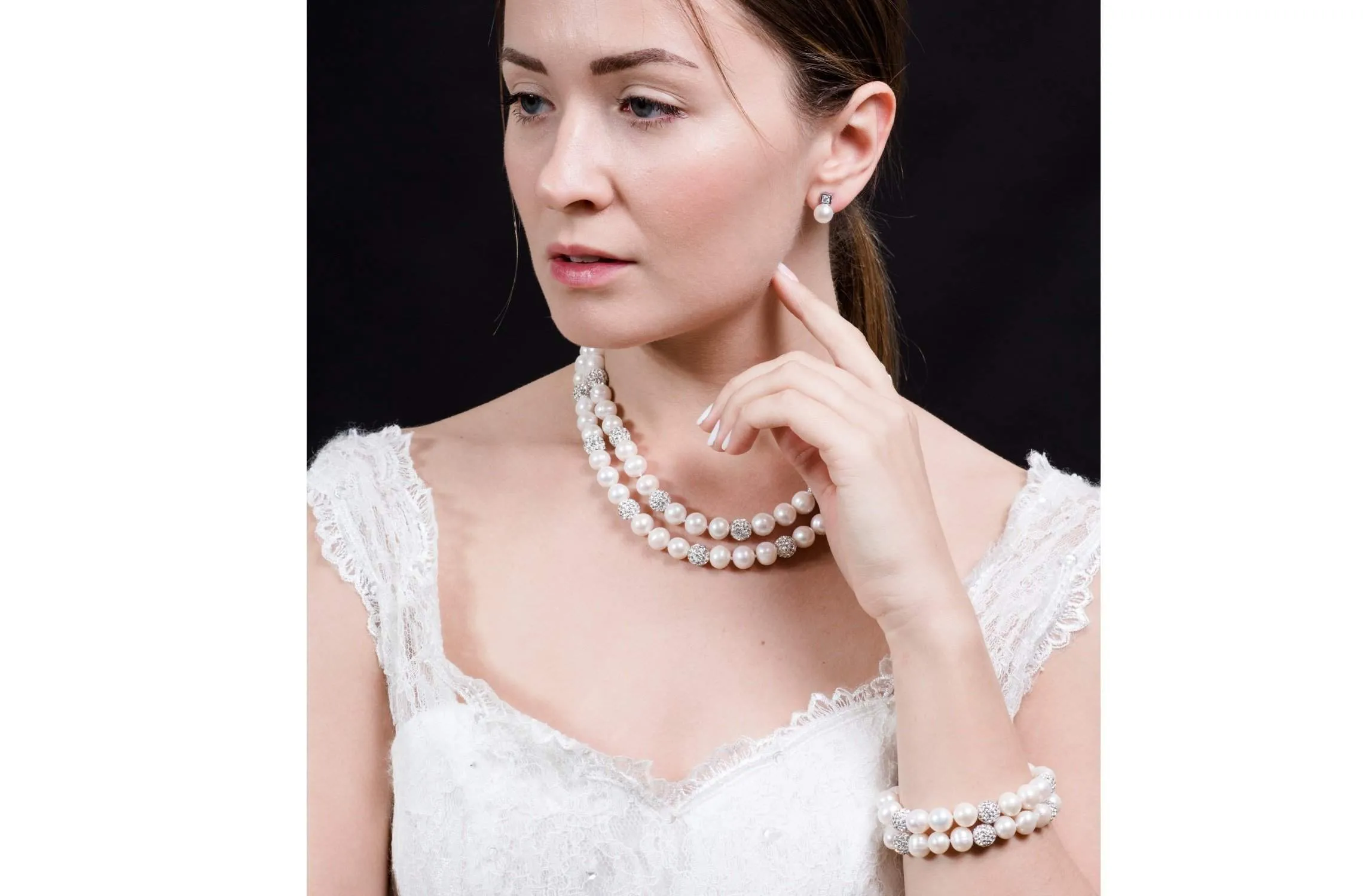 White Double Strand Layer Freshwater Round Pearl Bracelet with Crystal Ball 10mm