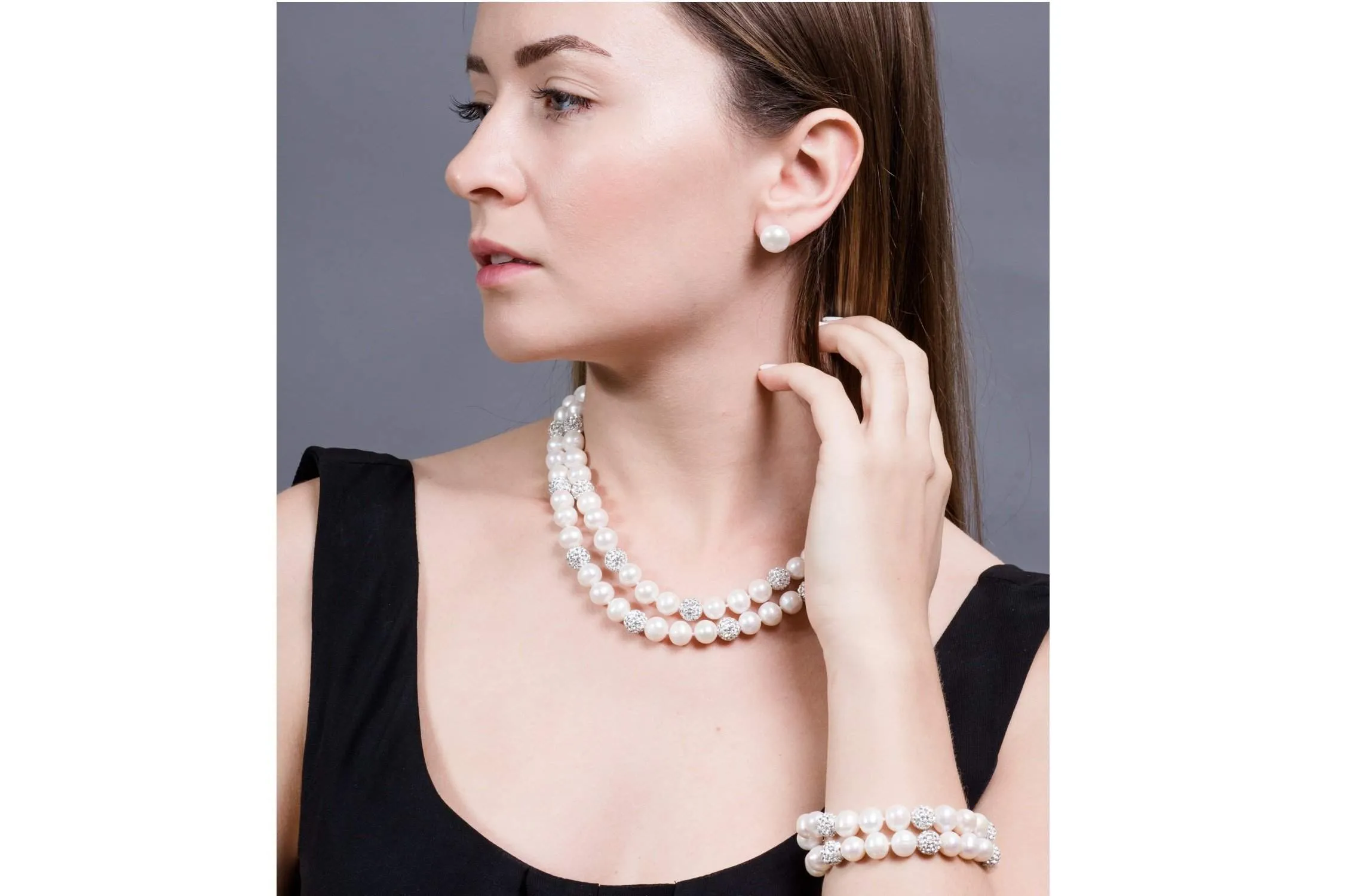 White Double Strand Layer Freshwater Round Pearl Bracelet with Crystal Ball 10mm