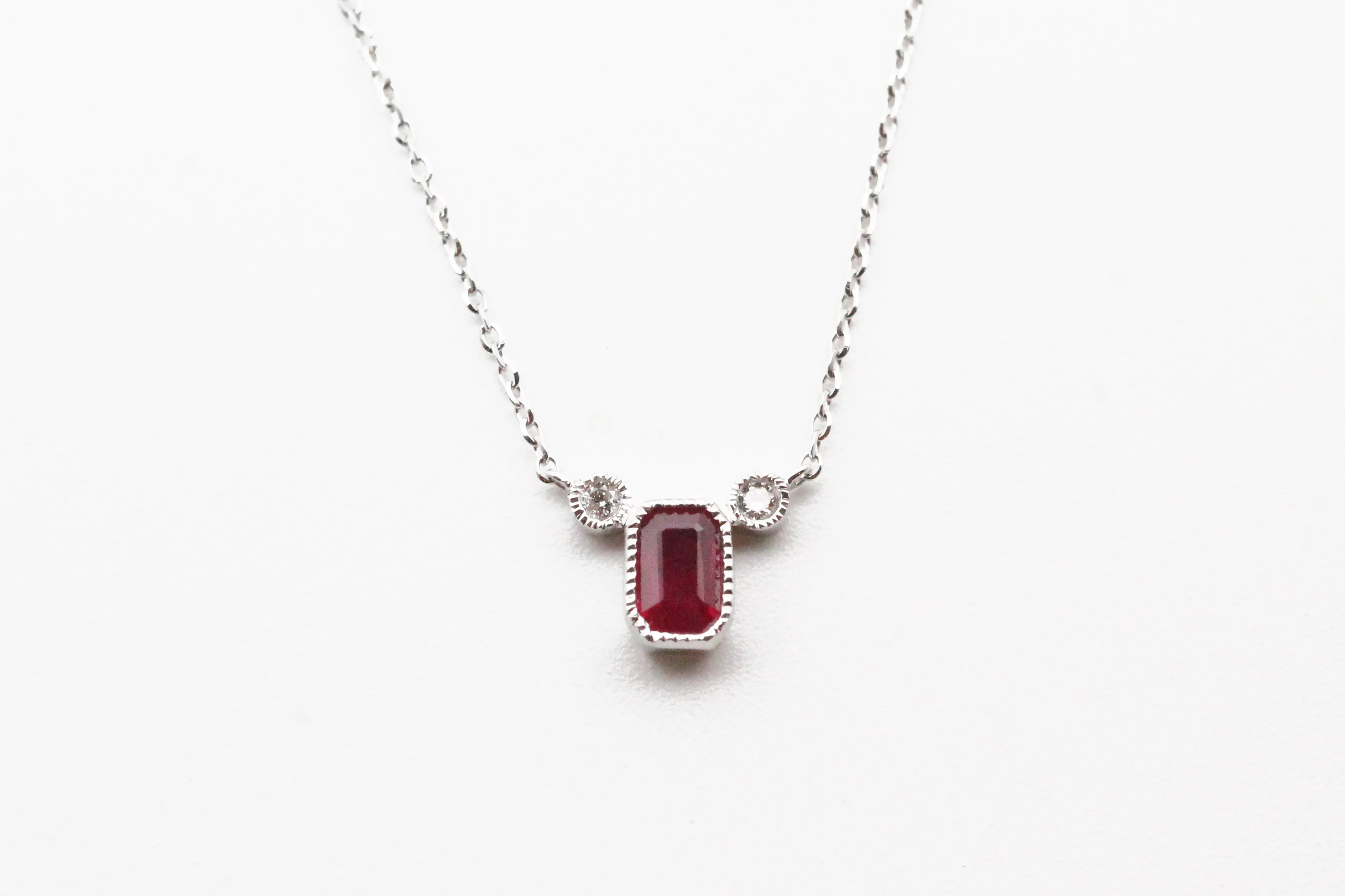 White Gold Three Stone Ruby and Diamond Necklace