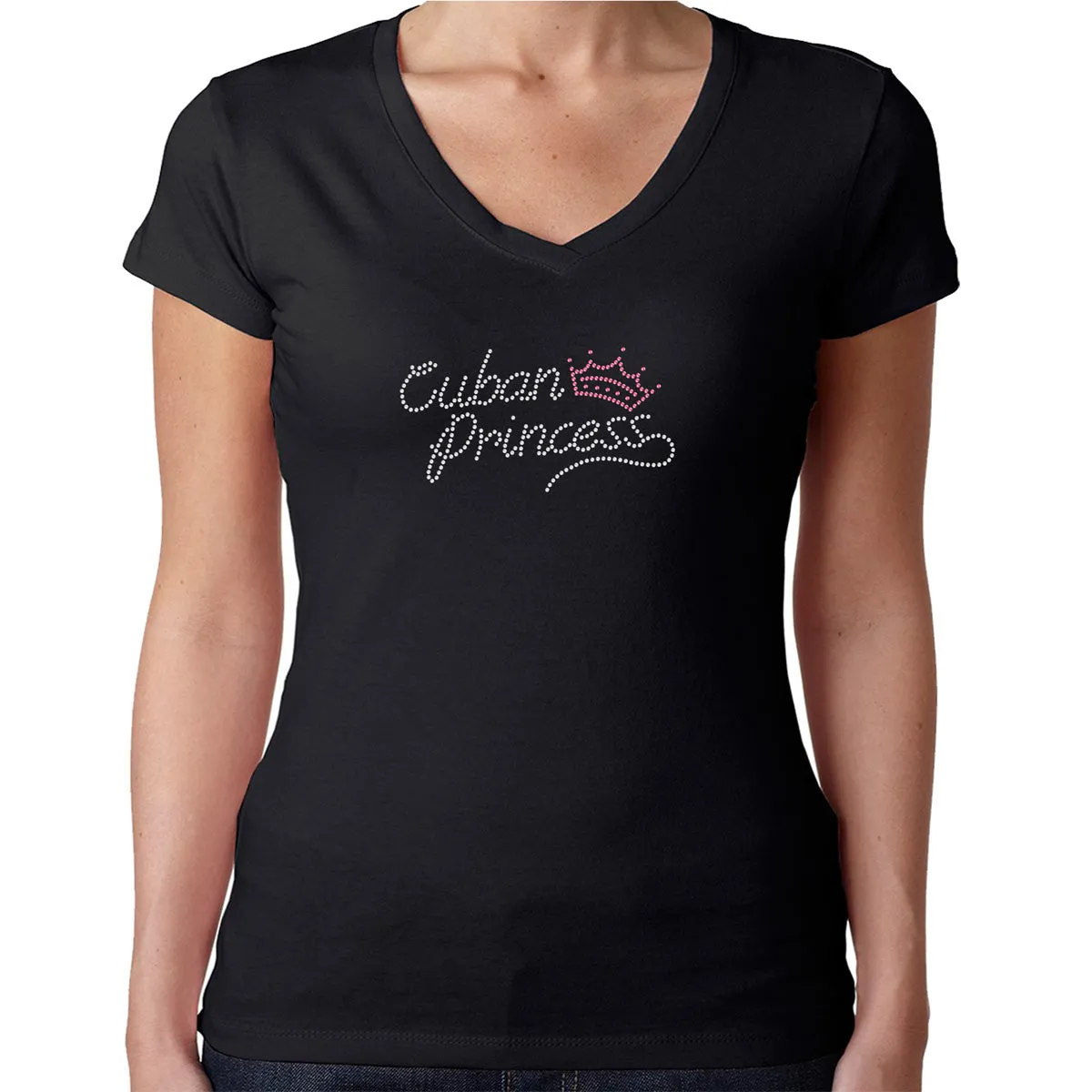 Womens T-Shirt Rhinestone Bling Black Fitted Tee Cuban Princess Pink Crown