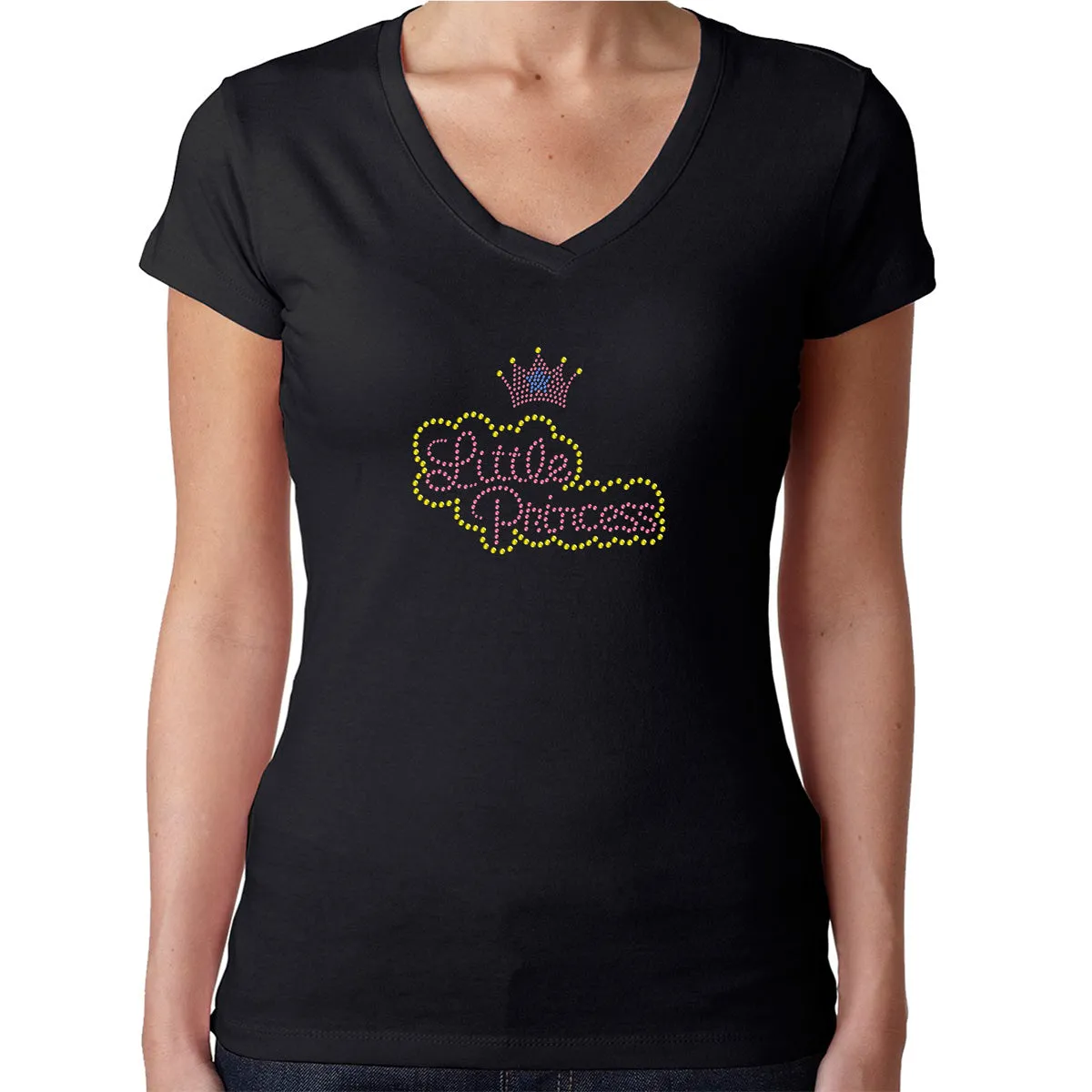 Womens T-Shirt Rhinestone Bling Black Fitted Tee Little Pricess Crown