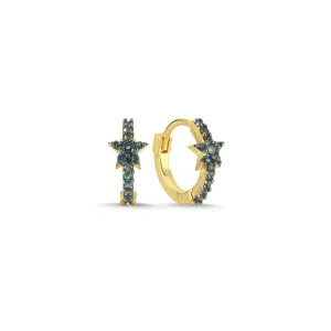 Yellow 14K Gold Stars Blue Topaz Hoop Earrings